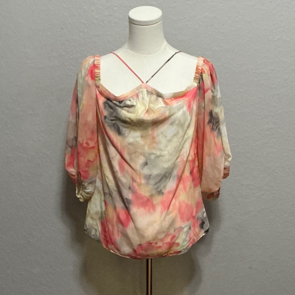 White House Black Market Coral & Neutral Watercolor Off-Shoulder Blouse